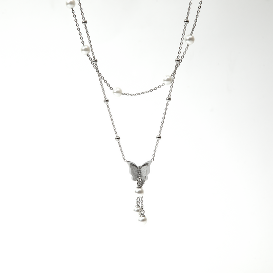 TWO LAYERED PEARLS NECKLACE WITH HANGING BUTTERFLY