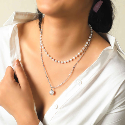 SILVER DOUBLE LINK CHAIN WITH PEARL PENDANT